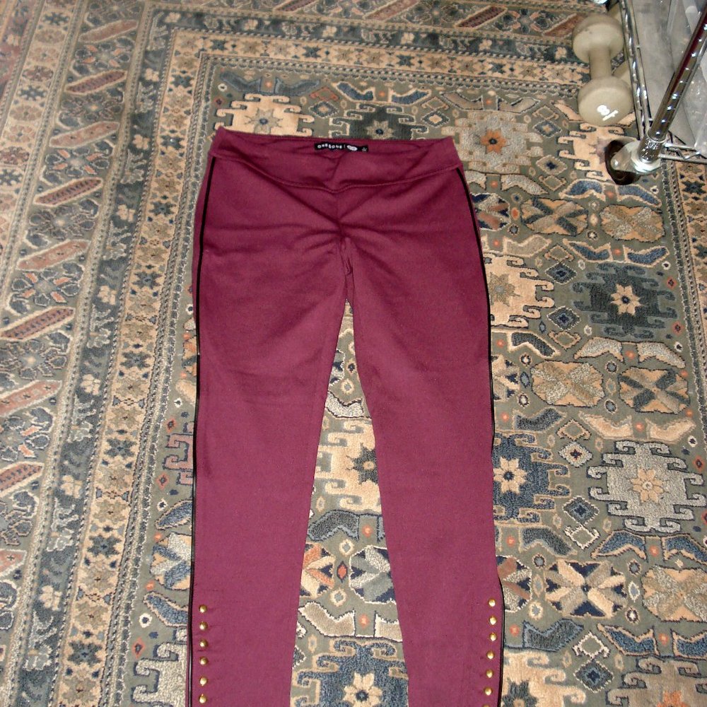 Plum Leggings with Faux Leather Side Seam Trim and Metal Buttons Large